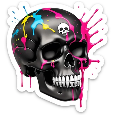 limited edition black skull with luxury haute couture logo patterns, perfectly contained neon paint splatters, museum-quality graffiti art detail, dramatic angle view sticker