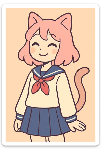 anime catgirl, pastel palette, soft shading, gentle smile, cat ears and tail, school uniform sticker