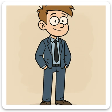 boy with blue and black suit, hands in pockets, modern look, cartoon style sticker