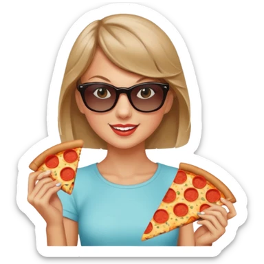 Taylor Swift, wearing sun glasses, holding a slice of pizza





































 sticker