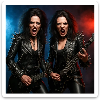 Gemini twins as heavy metal rockers, bold and edgy, metallic details, dramatic lighting sticker