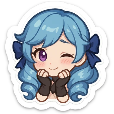 Gwen from League of Legends, chibi emote style, only head visible, right eye purple, shy expression, hands near face, cute and expressive sticker