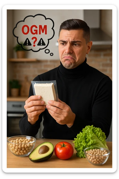 un uomo in cucina tiene in mano una confezione di soia o tofu, osservandola con un’espressione scettica e preoccupata. Sopra la confezione, una nuvoletta di pensiero mostra la scritta “OGM” evidenziata in rosso, accompagnata da un simbolo di allarme o un punto interrogativo. Sullo sfondo, altri alimenti naturali sono visibili sul tavolo, sottolineando la sua preferenza per prodotti non OGM. sticker