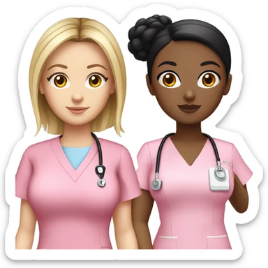 Nurse ,white girl, black hair in a bun,pink scrubs ,Louis Vuitton bag  sticker