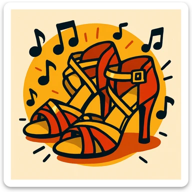 salsa dance shoes, red and gold, with musical notes, lively style sticker