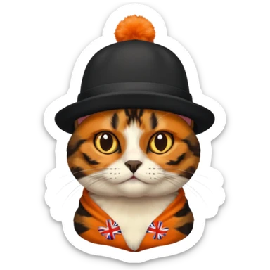 tortoiseshell cat with a british hat. mostly black and brown sticker