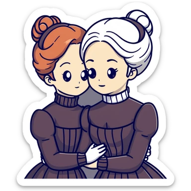 Two Victorian women in a sad intimate hug, one with white coiffed hair and one with copper coiffed hair, both with grey eyes, wearing Victorian turtleneck dresses sticker