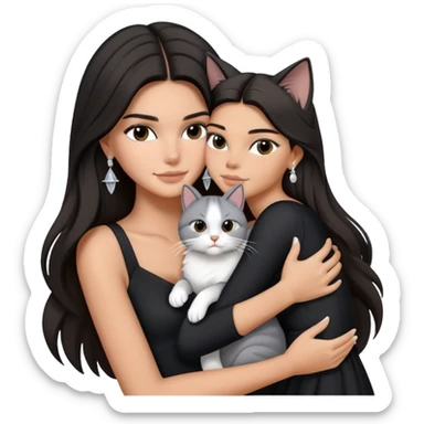 Kendall Jenner long hair with black dress and earrings hug one grey white cat sticker