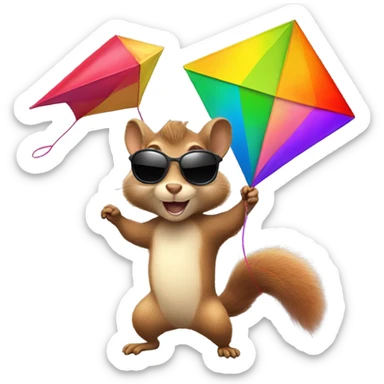 A squirrel flying a kite with sunglasses on sticker