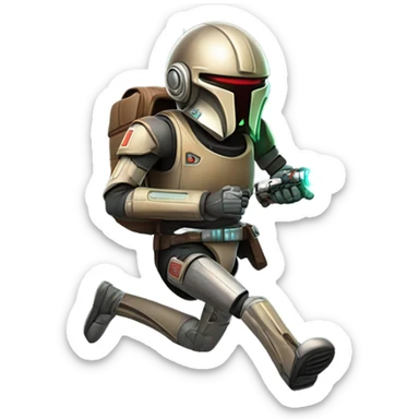 smiling bounty hunter protocol droid wearing backpack, saddlebags and light saber ready to fight running sticker
