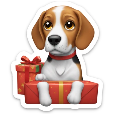 beagle opening a Christmas present sticker