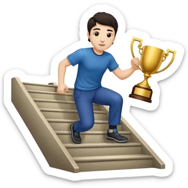 A man with fair skin and dark hair is climbing stairs to grab a trophy sticker