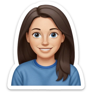 A 38 year old white woman with long dark brown hair parted in the middle. She has a nose ring. She has freckles and is wearing a sweatshirt and jeans smiling sticker
