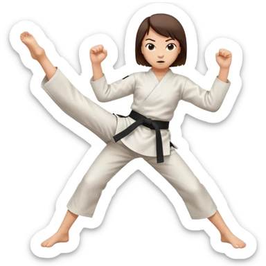 karate girl with black belt, brown short hair, kicking sticker
