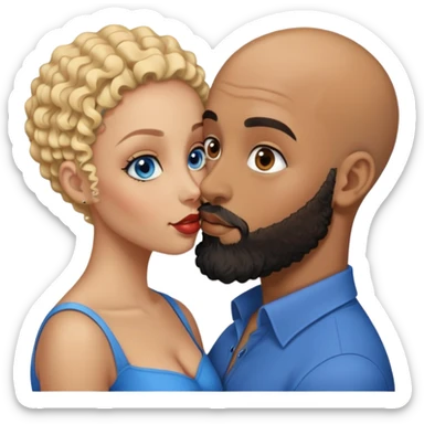 bald head man with brown eyes and black beard kissing African woman with blue eyes and curly blonde hair sticker