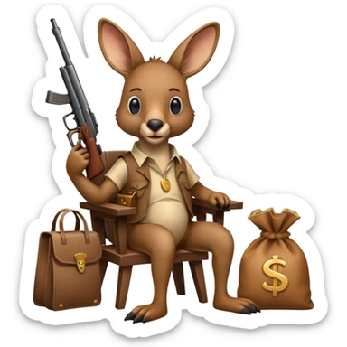 A kangaroo holding a gun and a money bag sitting in a chair with a bag next to him  sticker