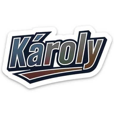Text image of the name 'Károly' in a masculine, modern, gradient font with accurate Hungarian characters, dark contour, prominent and clearly visible white border as in sample images, dynamic slanted underline, masculine color shades including blue, gray, burgundy, green, and brown, 1000x1000 px, PNG, transparent background. sticker