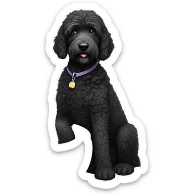 black labradoodle dog with some white on the chest and kin sitting on the toilet with a new paper in the paws sticker