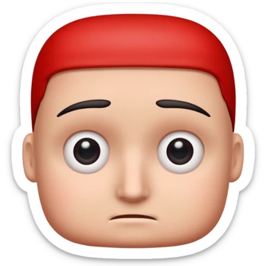 Una figura roja con cabeza cuadrada y cuerpo de rectángulos con cara con dos ojos negros como puntos y cejas preocupadas sin boca y que tenga como una especie de polvo café en la cabeza sticker