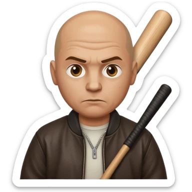 Bald Russian 1990s gangster emoji, leather jacket, , serious face with a bat sticker