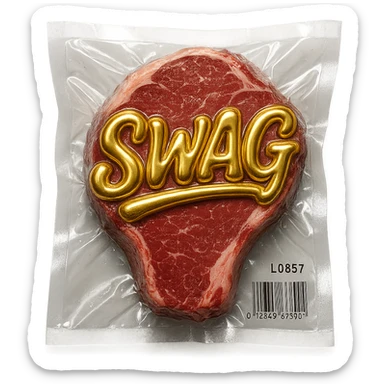 steak with gold script 'SWAG' written across, glossy and puffy, vacuum-sealed style sticker