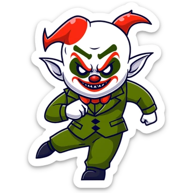 evil clown warrior, bald, very short devil-like horns on forehead, fangs, pointed ears, black and military green leisure suit, battle-ready fighting posture sticker