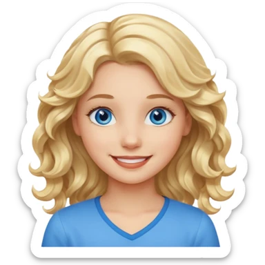Please generate an image of a girl. She has blue eyes, blond, wavy hair, and is smiling. sticker