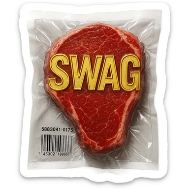 steak with gold outlined 'SWAG' letters, glossy sticker