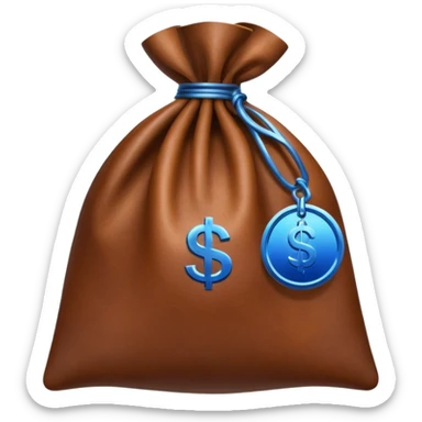 brown money bag with a blue coin  sticker