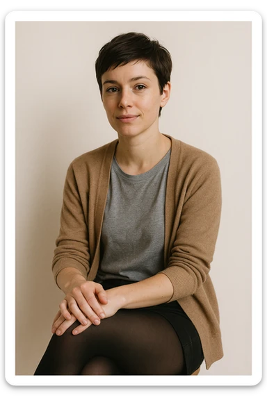 realistic style woman with short hair, wearing black stockings, casual outfit, relaxed natural expression, light background sticker