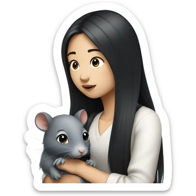 A korean girl with long black hair whispering to a grey rat sticker