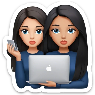 Glamours, tanned, very beautiful girl, with big pump peach lips, black straight smooth silky long hair, straight parting, blue-grey eyes, holding MacBook sticker