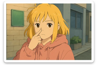 A girl yellow hair brown eyes pink Urban Heavy Loose Fit Hood Sweat touch your nose  sticker