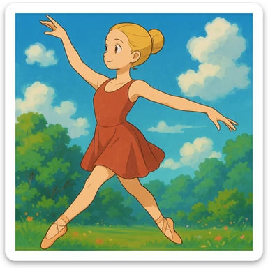Add a vibrant, colorful background behind Dana Dawson in a dance pose, keep the original ghibli style sticker