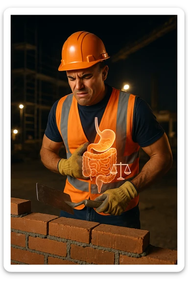 a construction worker in a reflective vest and hard hat is laying bricks at a nighttime construction site, illuminated by strong work lights. He pauses, one hand on his abdomen with a pained or uncomfortable expression, while the other holds a trowel. In the background, scaffolding and machinery are visible under the night sky. Subtle icons or overlays highlight digestive organs, suggesting the need for intestinal balance. sticker