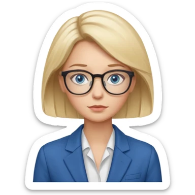 a woman, blonde highlights in hair, glasses and blue eyes. teacher sticker