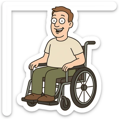 smiling man in a wheelchair, flat design style sticker