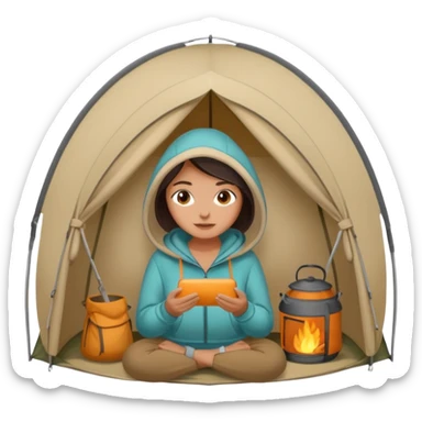 A woman in a cozy hoodie arranging items inside her tent. sticker