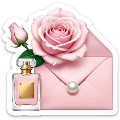 white rose next to a pearl-colored envelope and a flacon of aesthetically pleasing perfume in powder pink  sticker