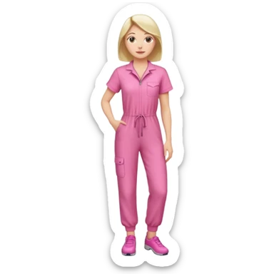 woman pink jumpsuit standing on foot sticker