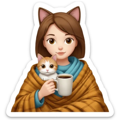 Kediyle bayan yanyana kahve battaniye sticker