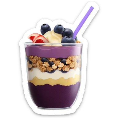 Açaí in a clear cup with layers of fruits and granola and condensed milk sticker