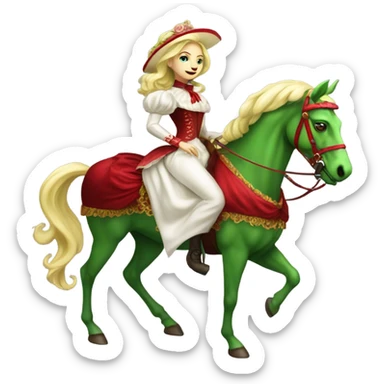 "galora green blonde alien woman" in red Victorian elegant dress, full body, rides horse gold and white
 sticker