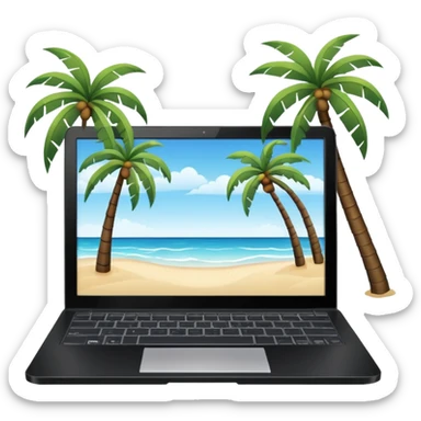 An open laptop on the beach. bildschirm ist schwarz und im hintergrund sind palmen, meer sticker