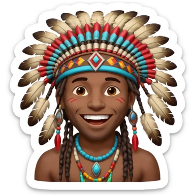 Black American man dark brown with dreads with a American Indian headdress with a laughing hard sticker
