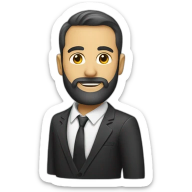 a man with a beard in a suit with a pencil behind his ear sticker