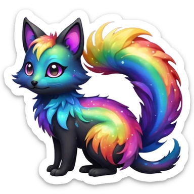 Hyper realistic  tar-black fur drenched in rainbow oil slick like spilled cosmos beautiful elegant pretty precious cute  Fakémon-Pokémon-opossum-feline-serval-caracal-chinchilla-Furret-Minccino-hybrid-creature with a big fluffy bushy tail (full body) sticker