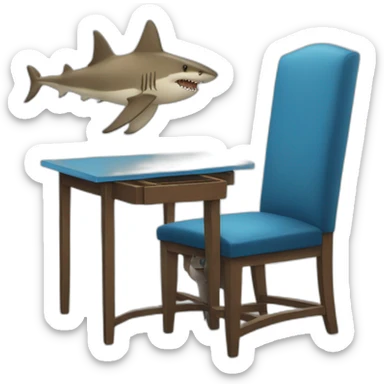 a shark sitting at a chair with a table and a blue tie sticker