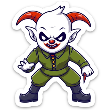 evil clown warrior, bald, short goat-like horns on forehead, fangs, pointed ears, black and military green leisure suit, battle-ready fighting posture sticker