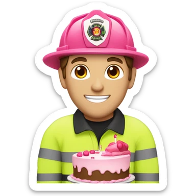 Caucasion male Firefighter with brown hair eating pink birthday cake sticker